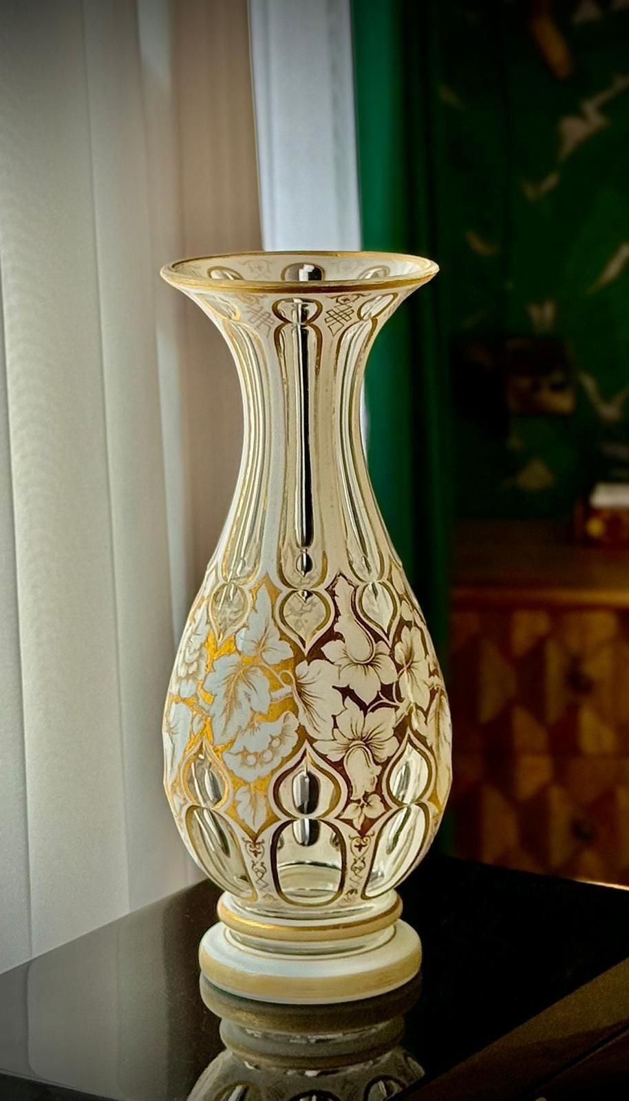 photo buy Antique Bohemian White Overlay Glass Vase, 19th Century