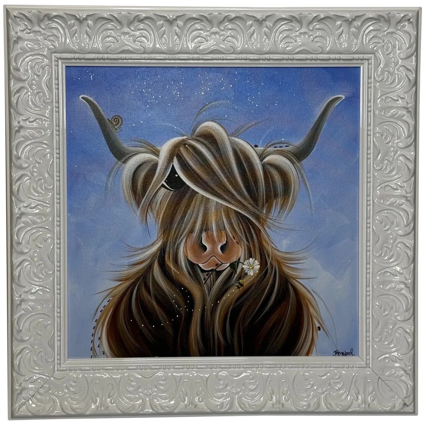 Expressionist Highland Horned Female Cow Oil Painting Mcmoo With Garden Insects