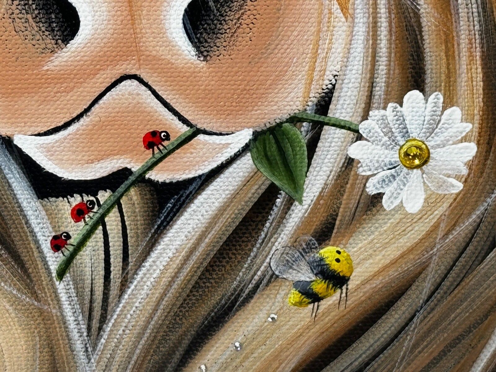 2000.0 Expressionist Highland Horned Female Cow Oil Painting Mcmoo With Garden Insects photo