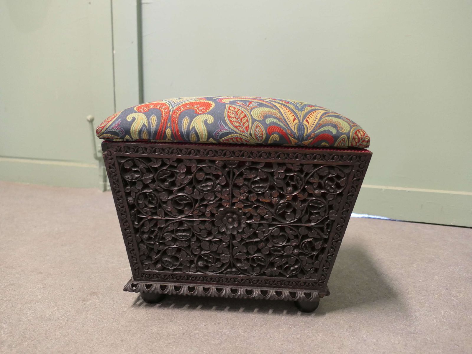 Anglo Indian Profusely Carved Sewing Box Foot Stool A Very Attractive Piece photo furniture