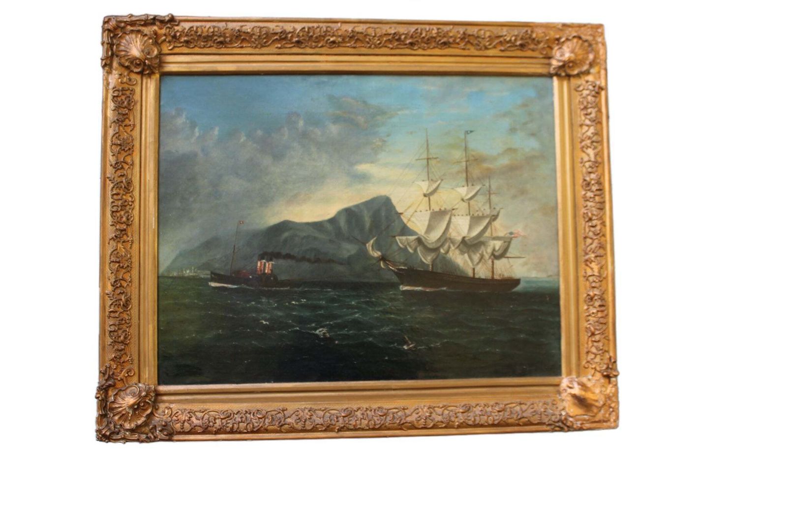 Early 20th Century Marine Oil Painting Of A Sailing Ship Off Gibraltar