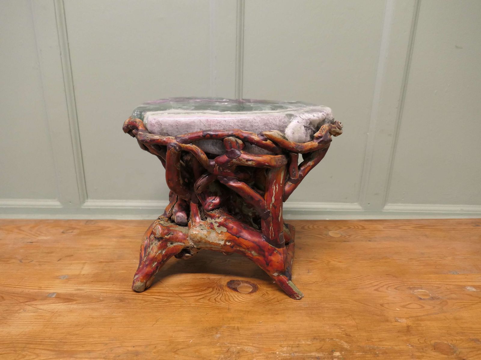 Agate Slab Set On Very Unusual Carved Root Stand This Is A Natural Agate Slab In Green photo furniture