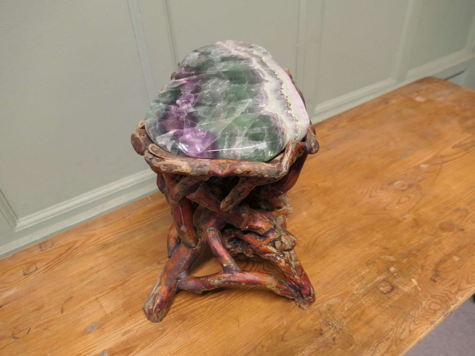 Agate Slab Set On Very Unusual Carved Root Stand This Is A Natural Agate Slab In Green photo for sale