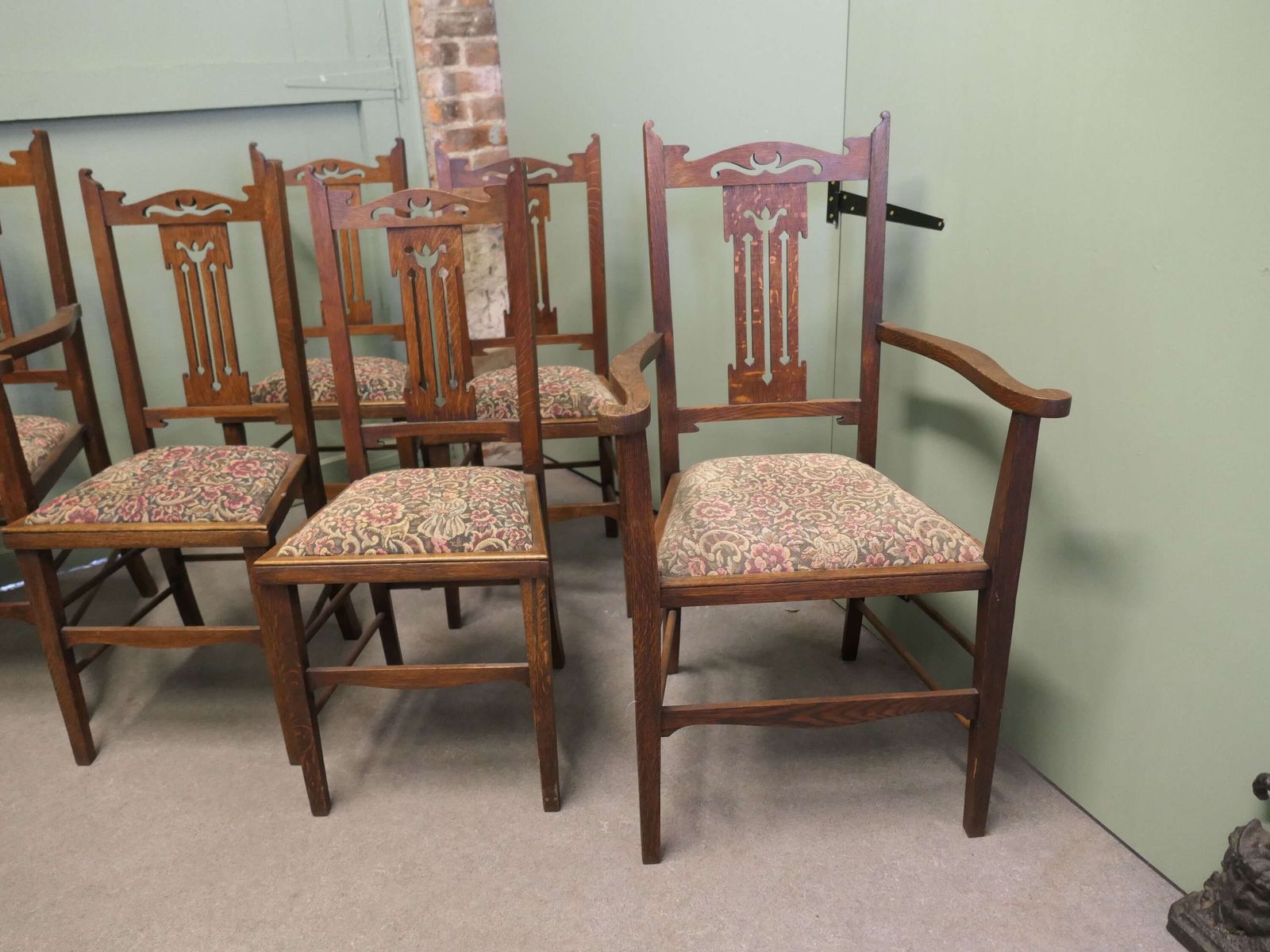 Set Of 6 Arts And Crafts Golden Oak Dining Chairs photo furniture