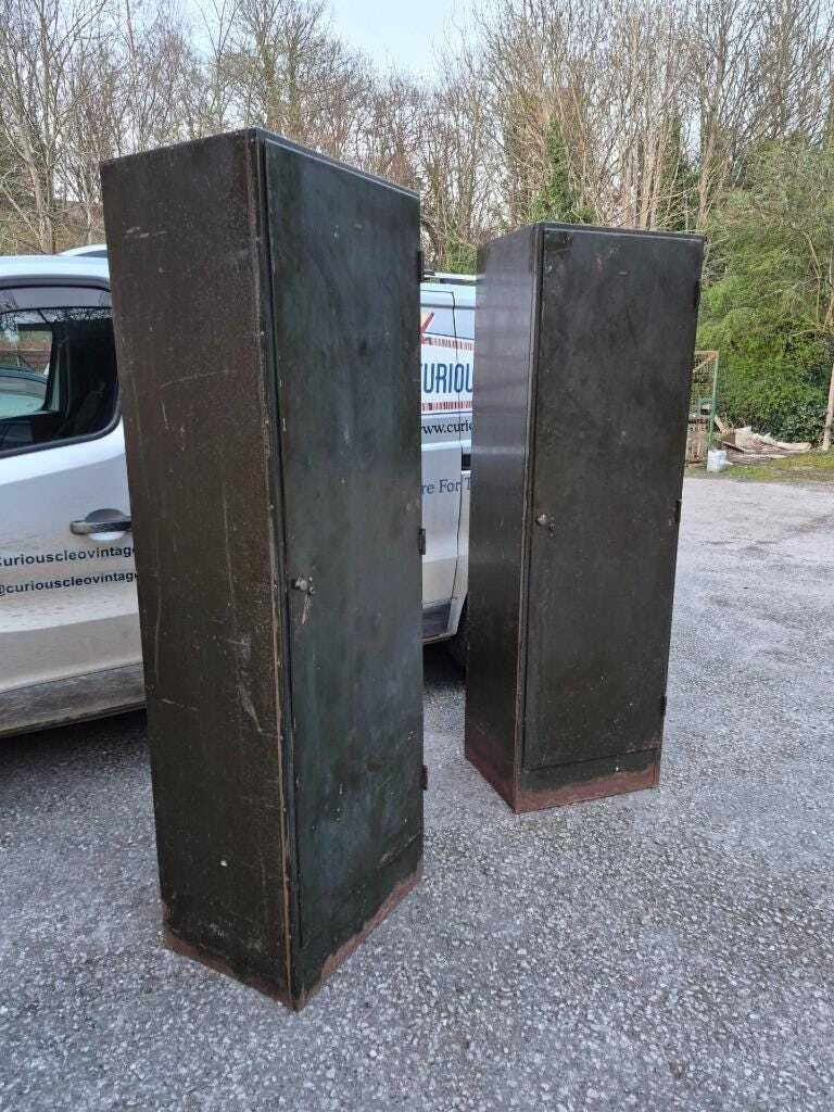 Pair Of Vintage Roneo Mid Century Industrial Filing Locker Cabinets Green Metal photo furniture