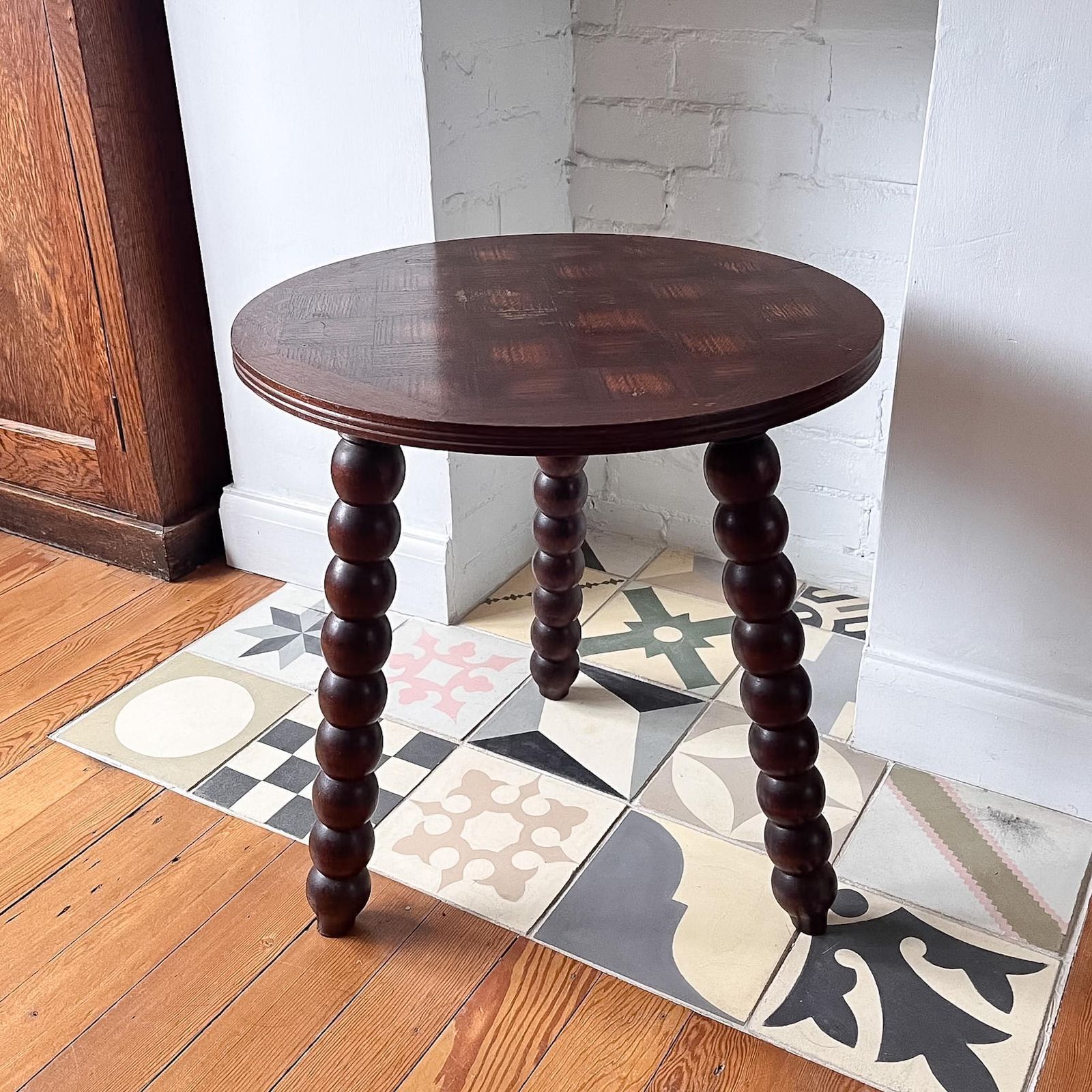 Antique Round French Bobbin Side Table With Parquetry Top photo furniture