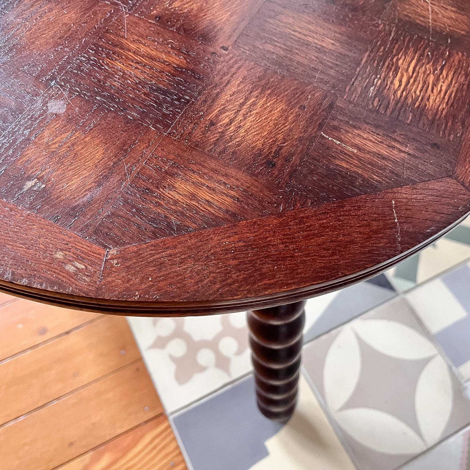 Antique Round French Bobbin Side Table With Parquetry Top photo buy