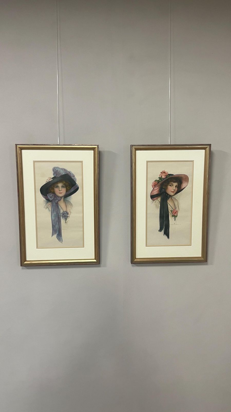 Set Of 2 Vintage Framed Fashion Portrait Pictures Of Elegant Ladies In Hats photo buy