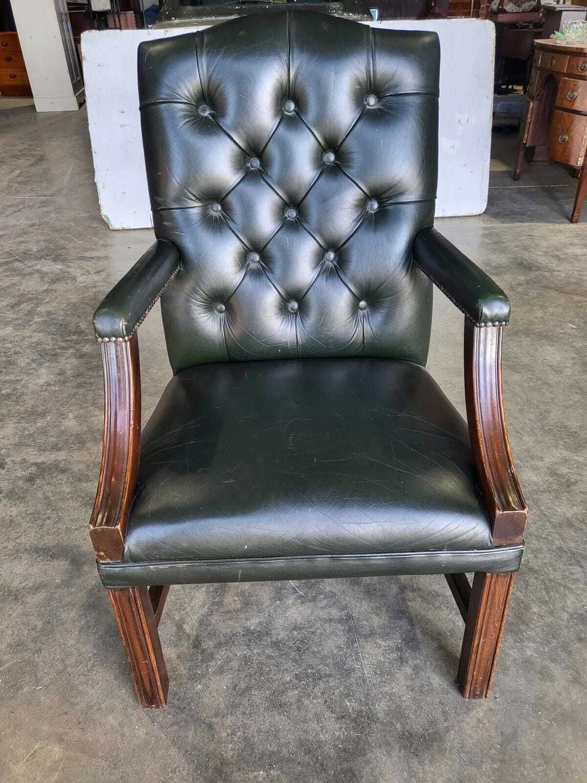 Antique Repro Green Leather Button Back Open Armchair photo furniture