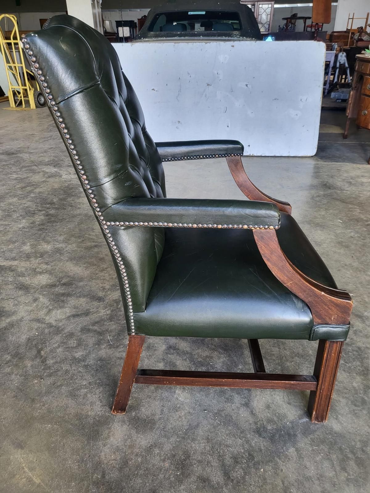 Antique Repro Green Leather Button Back Open Armchair photo Furniture