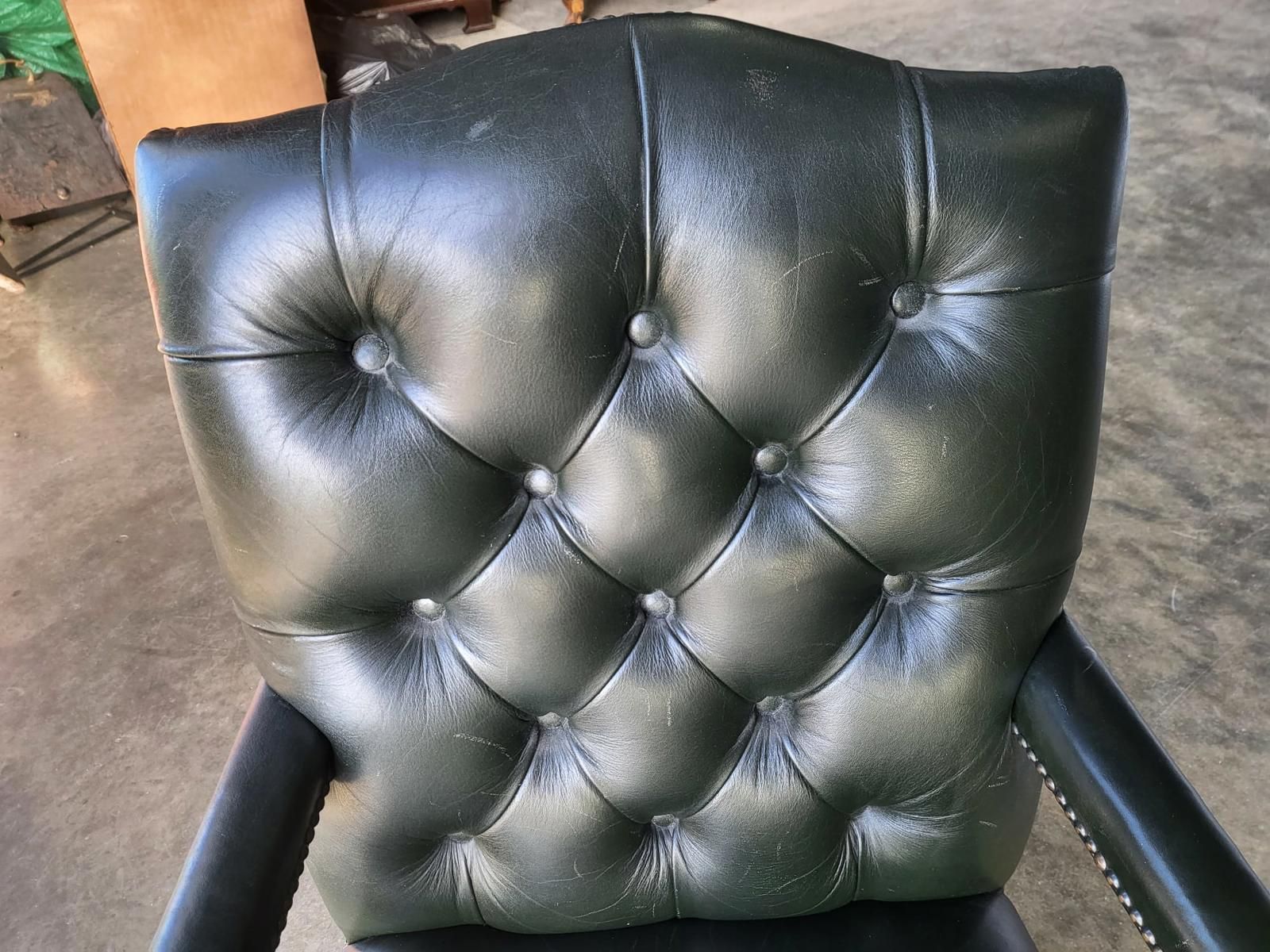 photo for sale Antique Repro Green Leather Button Back Open Armchair