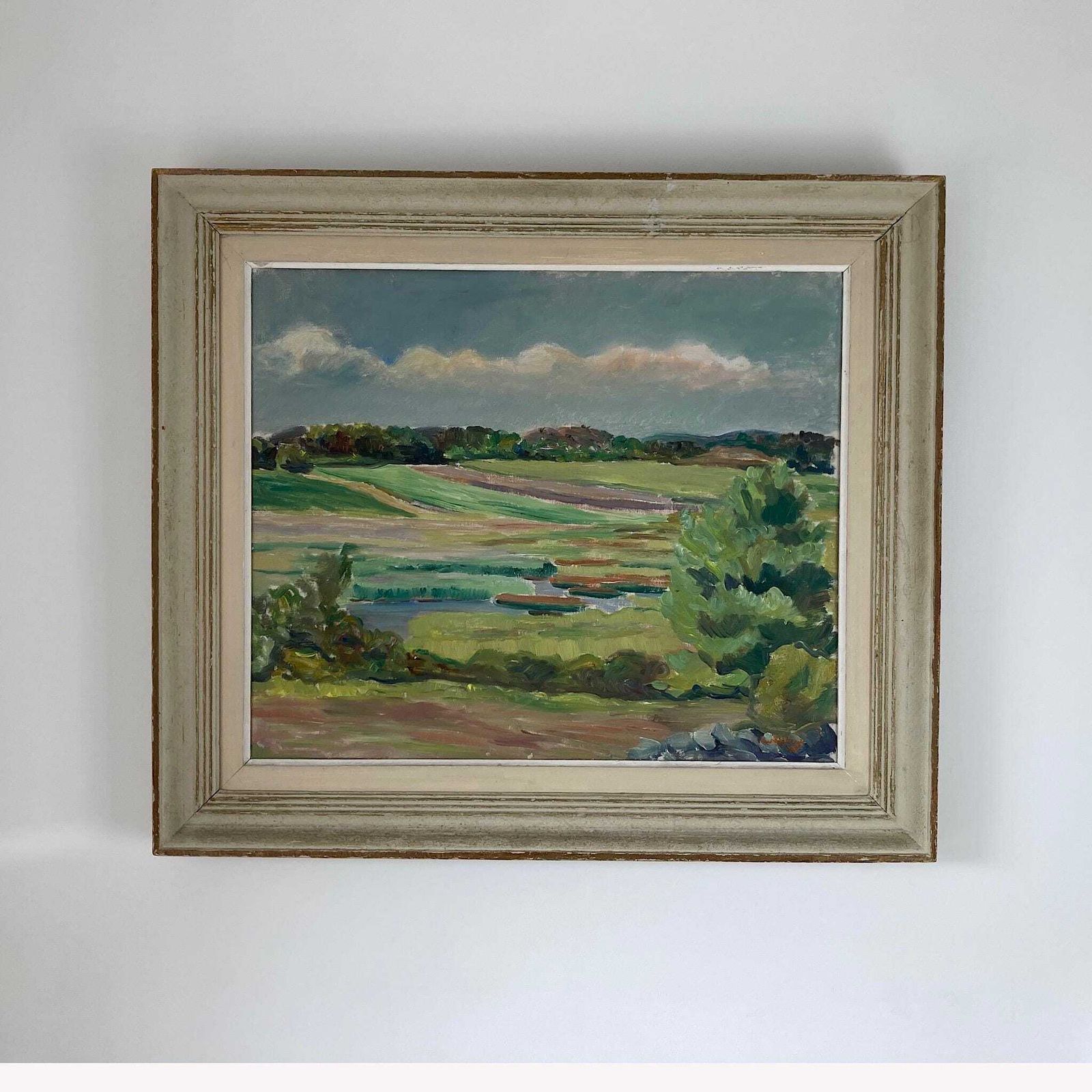 Summer Fields Landscape   Large Vintage Scandinavian Original Oil On Board Painting Dated 1939