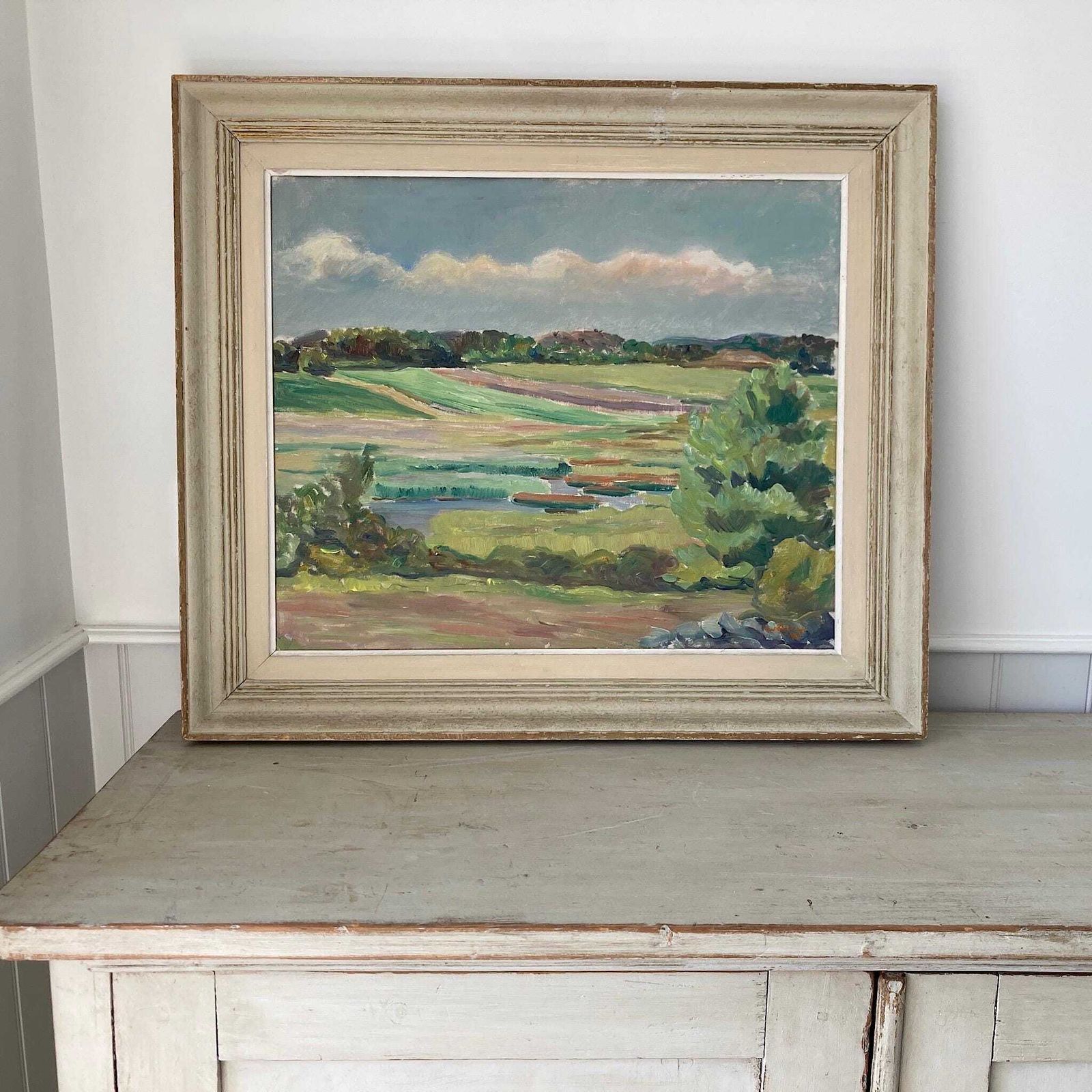Summer Fields Landscape   Large Vintage Scandinavian Original Oil On Board Painting Dated 1939 photo for sale