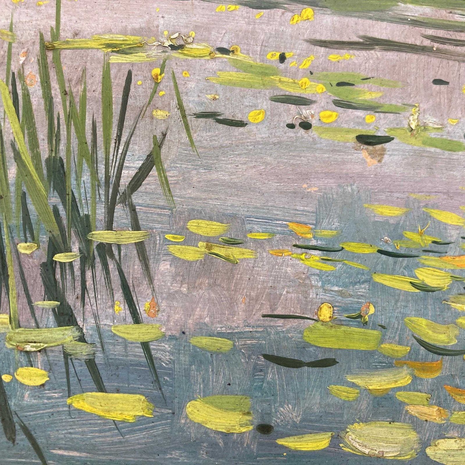 Waterlilies   Small Antique Original European Impressionist Oil Painting Of A River Scene photo Art