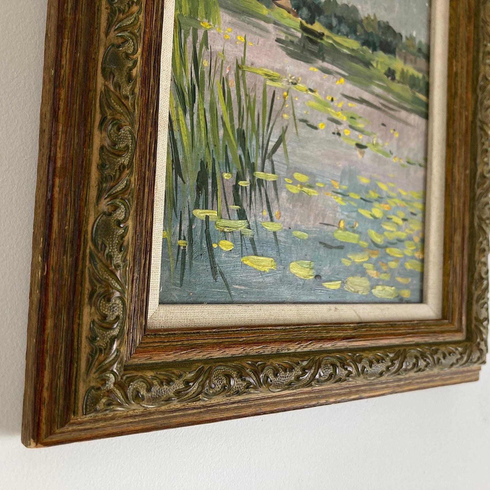 Waterlilies   Small Antique Original European Impressionist Oil Painting Of A River Scene photo vinterior