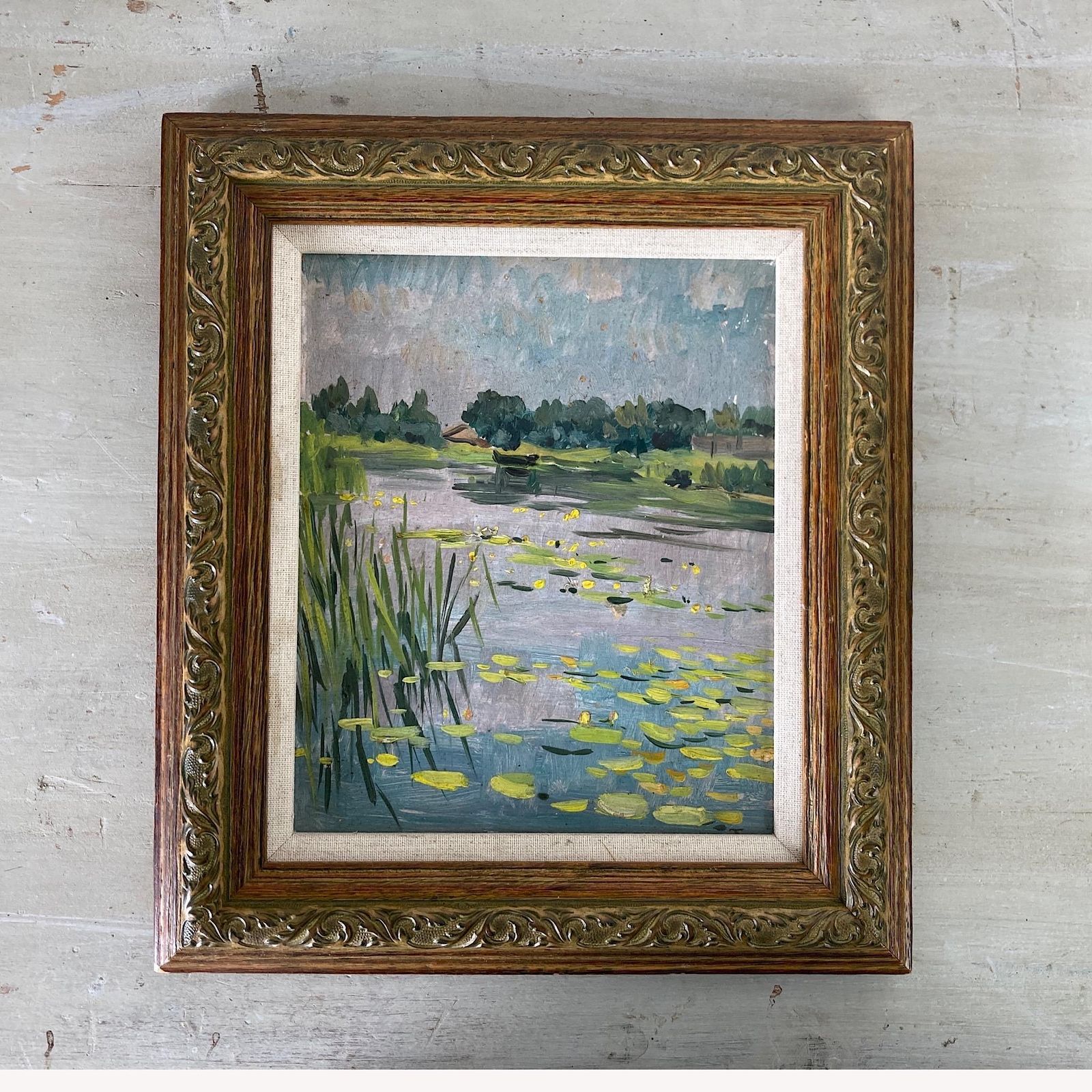 Waterlilies   Small Antique Original European Impressionist Oil Painting Of A River Scene photo vintage