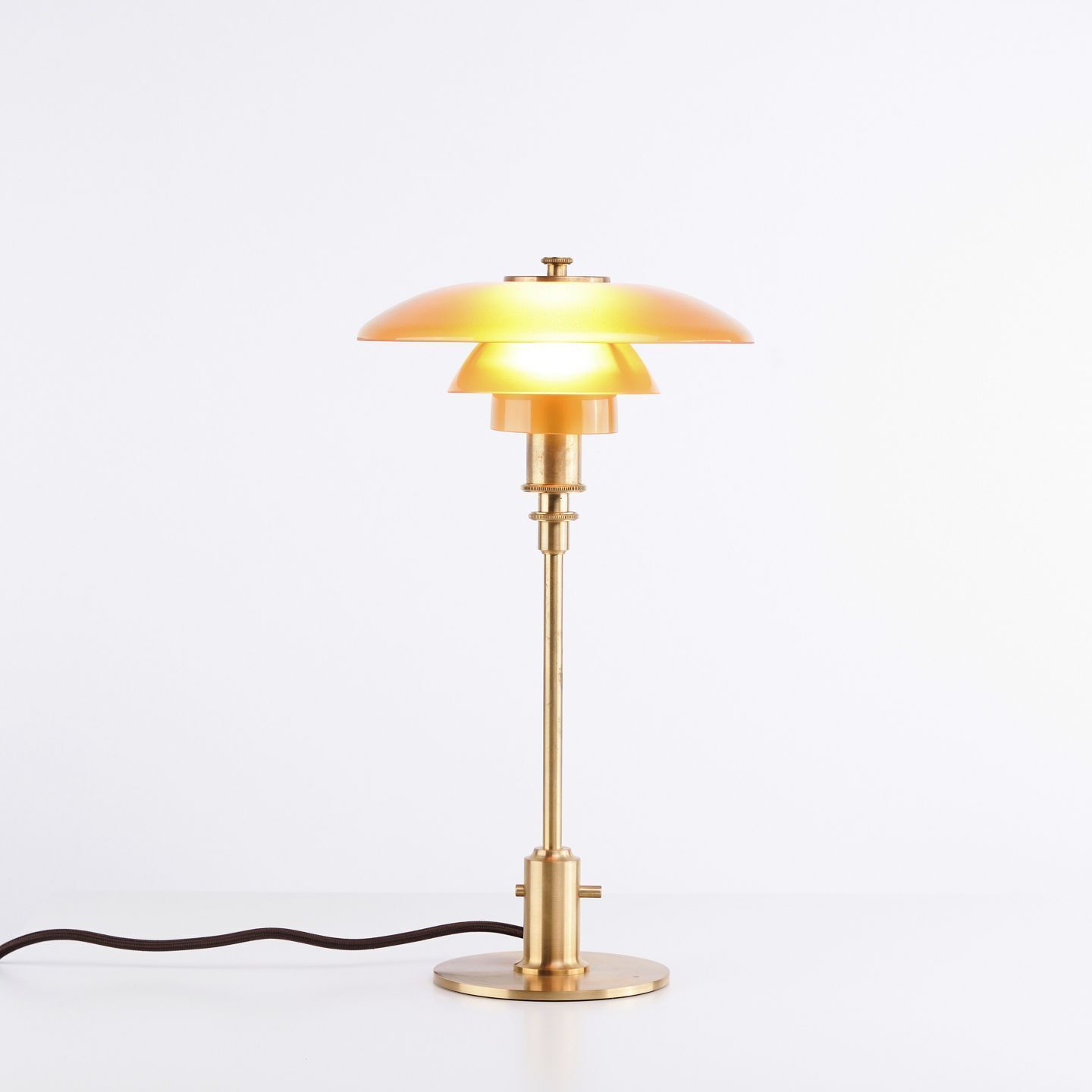 Poul Henningsen Table Lamp Model Ph 2/1 Limited Edition In Brass With Amber Shades, Louis Poulsen