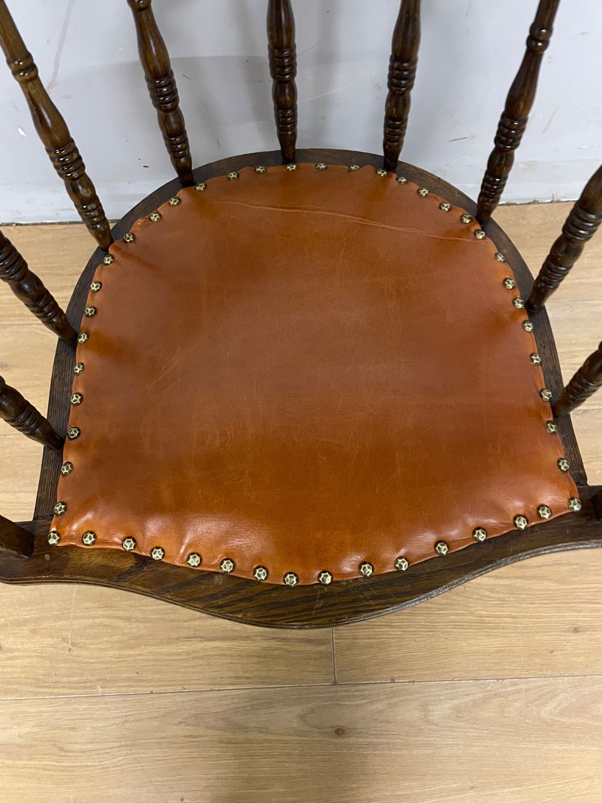 Edwardian Oak And Beech Desk Chair With Tan Hide Seat photo Furniture