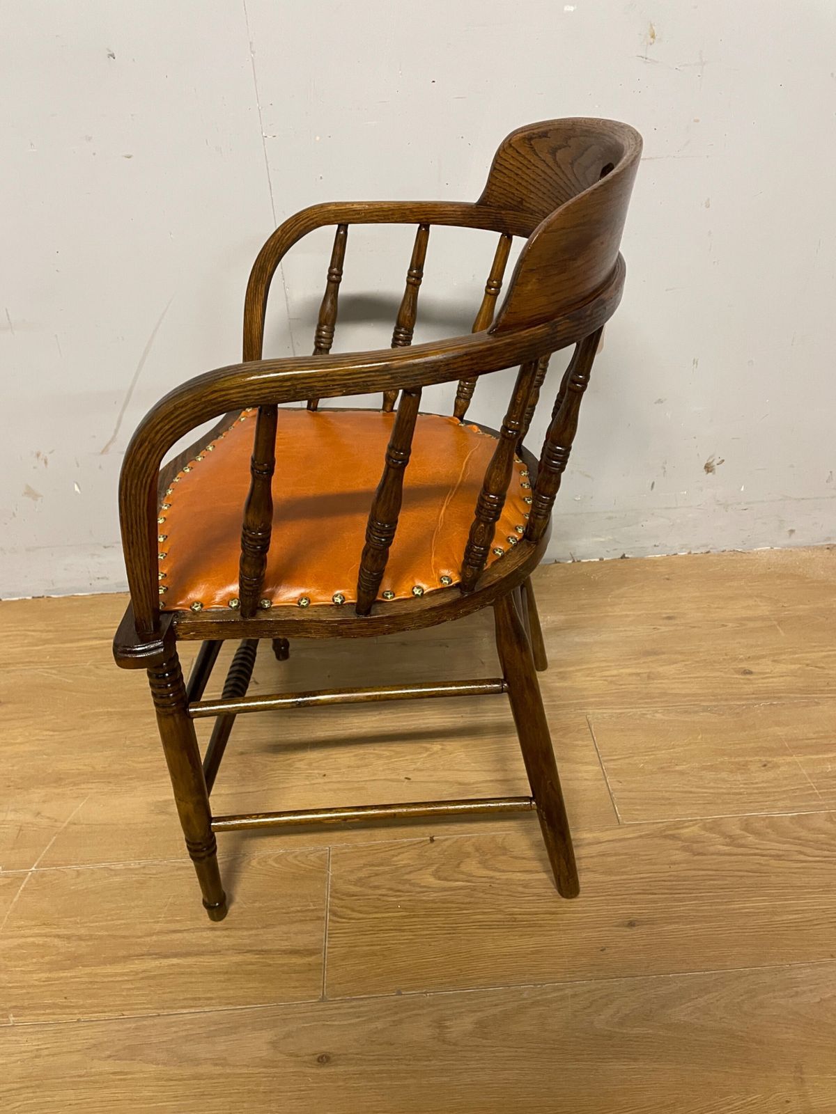 Edwardian Oak And Beech Desk Chair With Tan Hide Seat photo buy