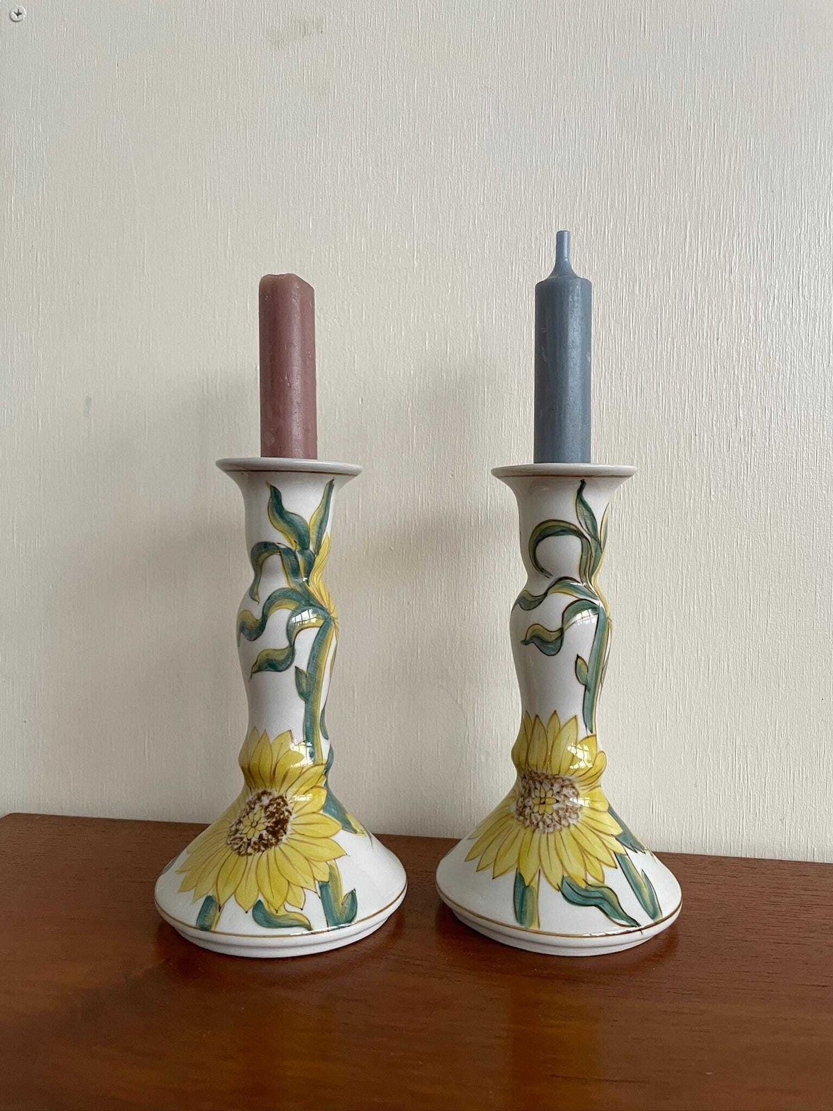 Pair Of Hand Painted Ceramic Candlesticks With Sunflower Floral Illustrations