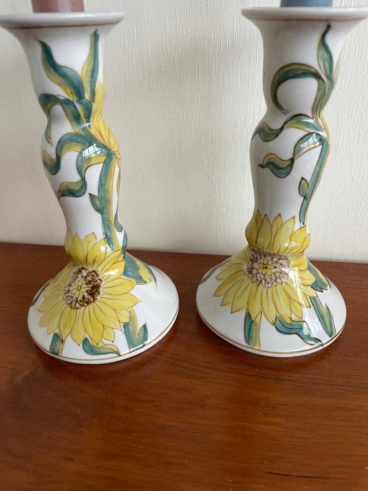 Pair Of Hand Painted Ceramic Candlesticks With Sunflower Floral Illustrations photo furniture
