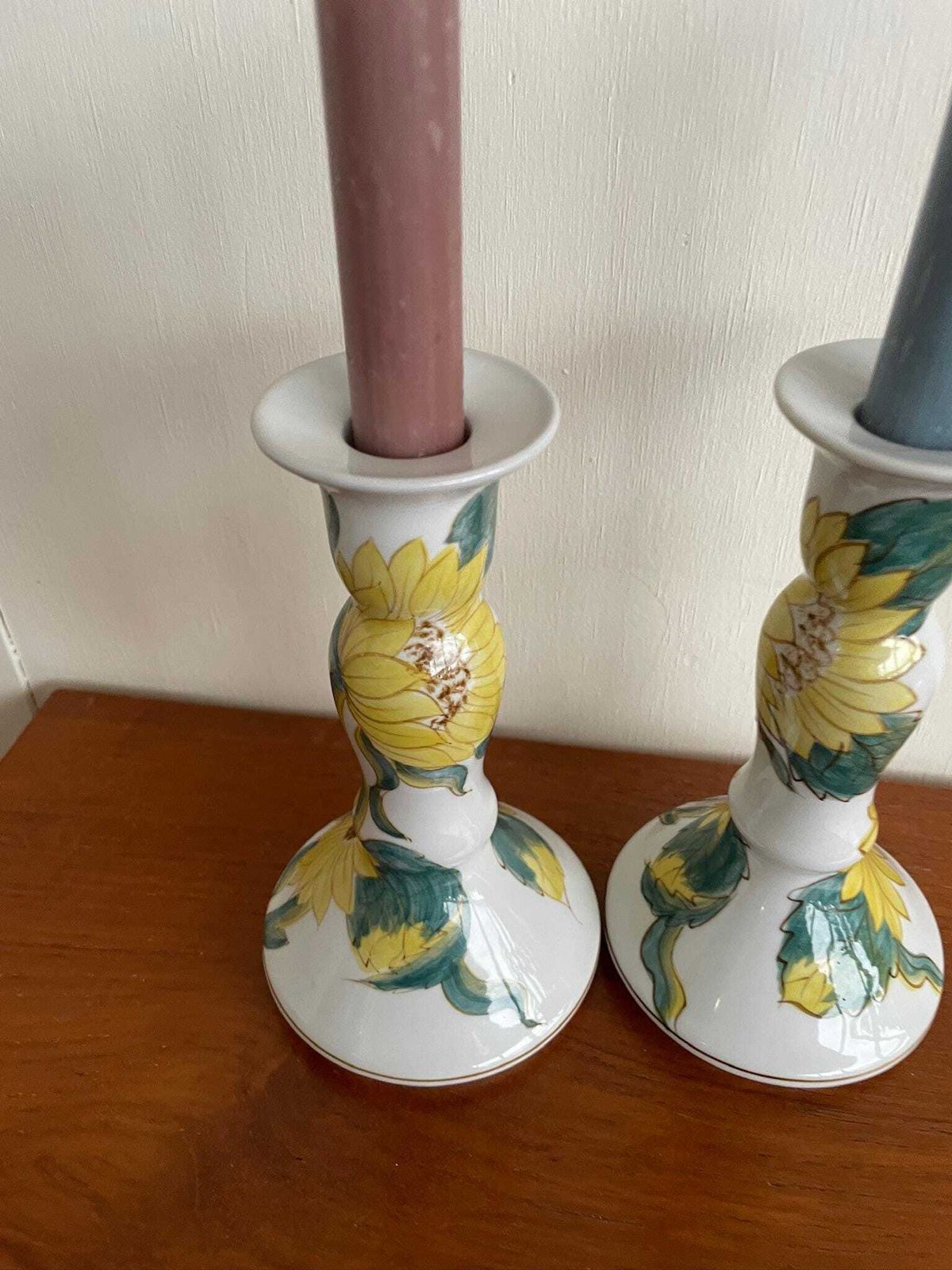 Pair Of Hand Painted Ceramic Candlesticks With Sunflower Floral Illustrations photo Home Decor