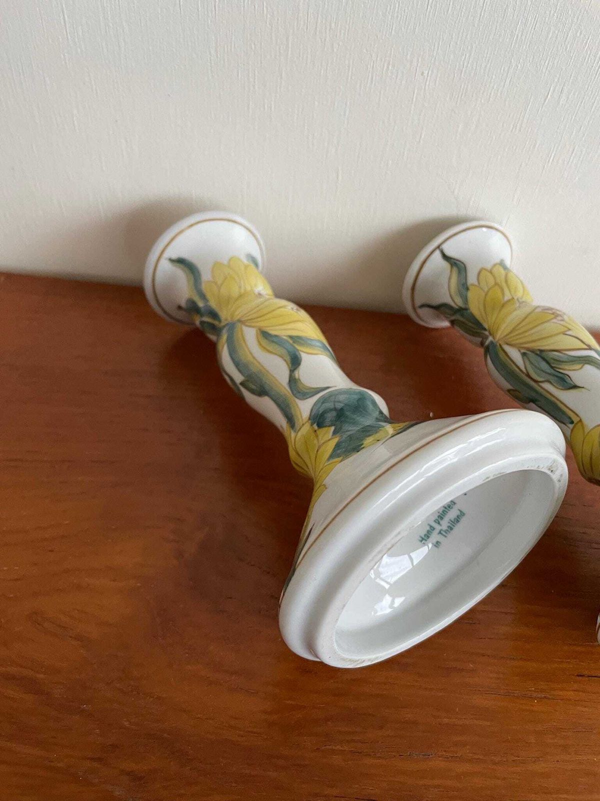 Pair Of Hand Painted Ceramic Candlesticks With Sunflower Floral Illustrations photo vintage