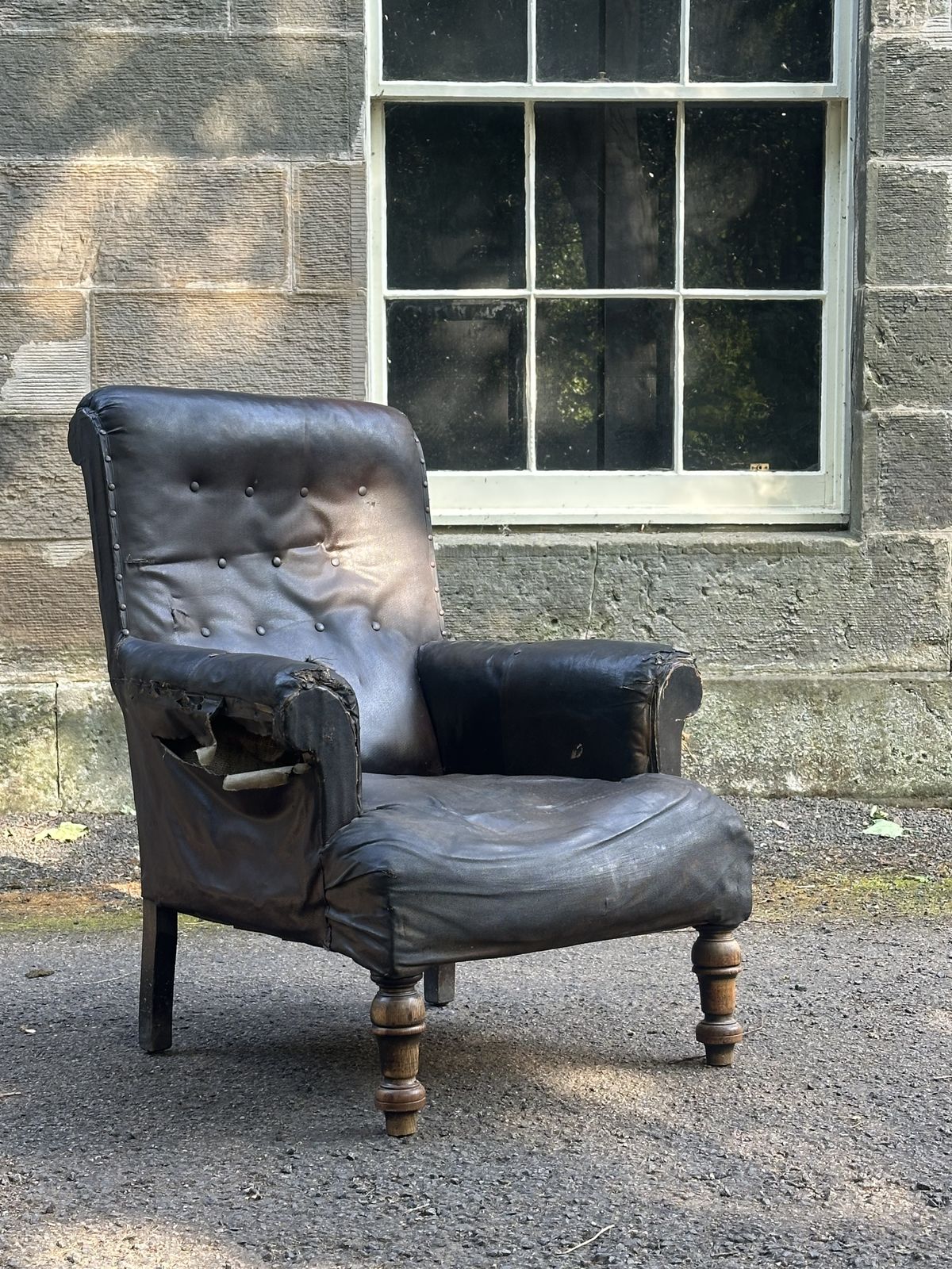A Victorian Oak And Sailcloth Upholstered Library Armchair photo for sale