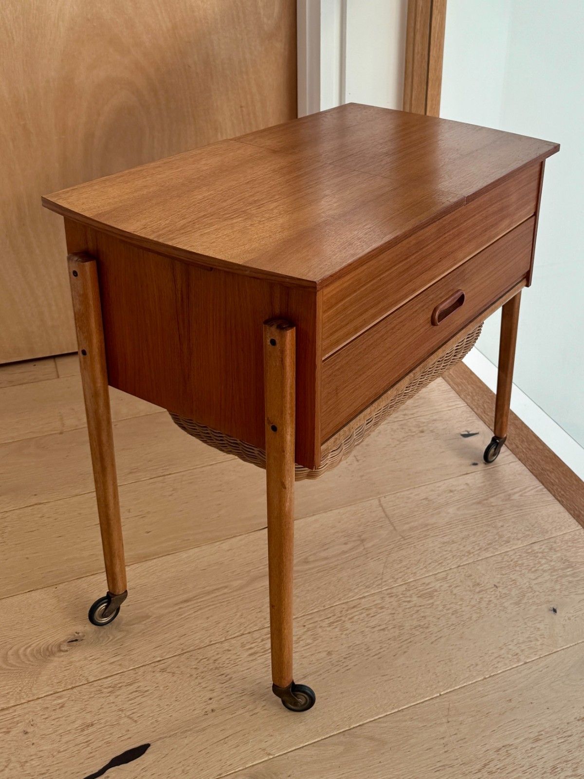 Furniture Vintage Danish Sewing Trolley With Sliding Doors, Drawer And Wicker Wool Basket photo