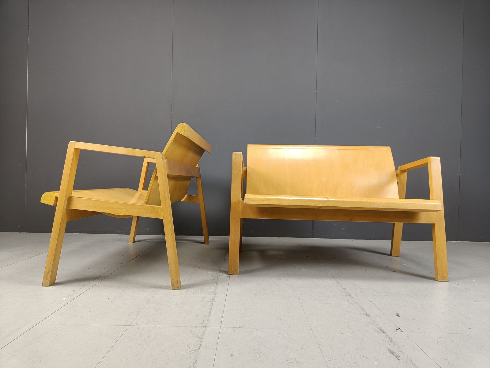 Mid Century Plywood Benches In The Manner Of Alvar Aalto, 1960   Set Of 2 photo vinterior