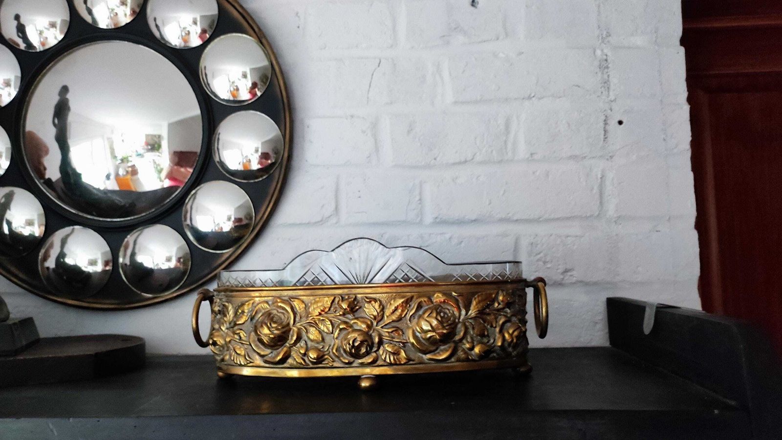 Antique French Brass & Crystal Jardiniere   Elegant Centerpiece Fruit Bowl photo furniture