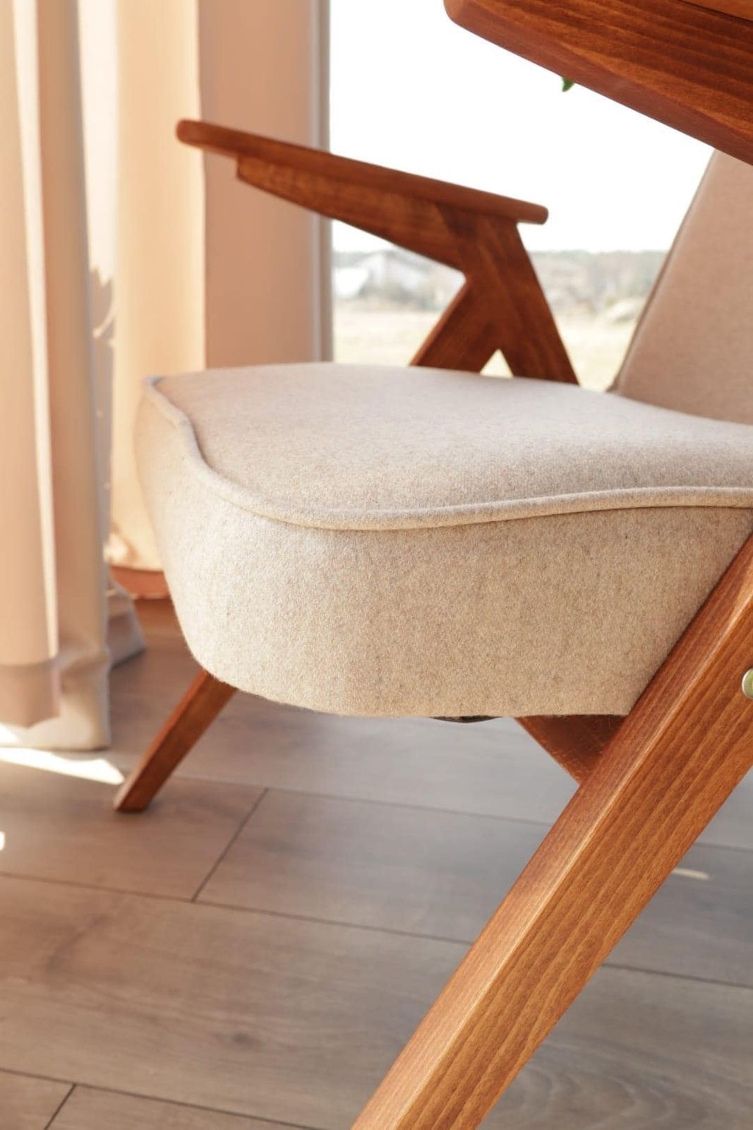 photo furniture Vintage Lounge Chair Beige Wool Upholstery, Scandinavian Design
