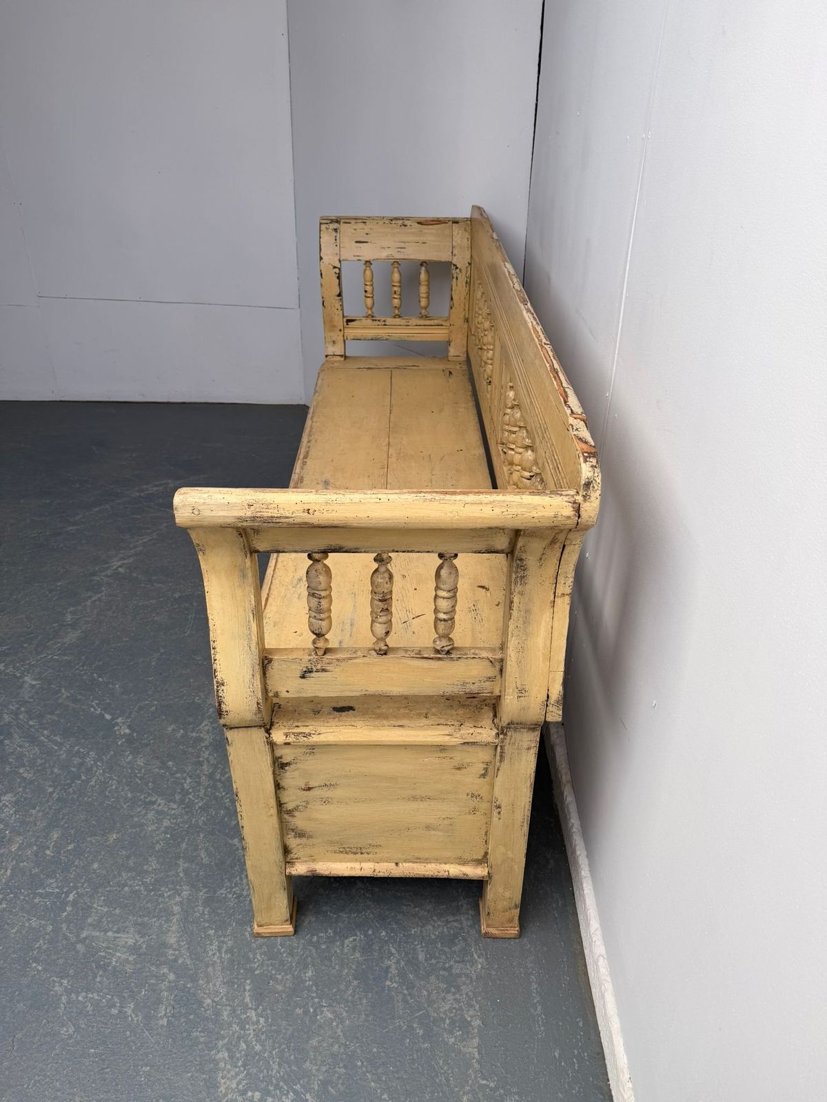 photo for sale An Original Painted Cream Victorian Pine Hungarian 3 Seater Bench