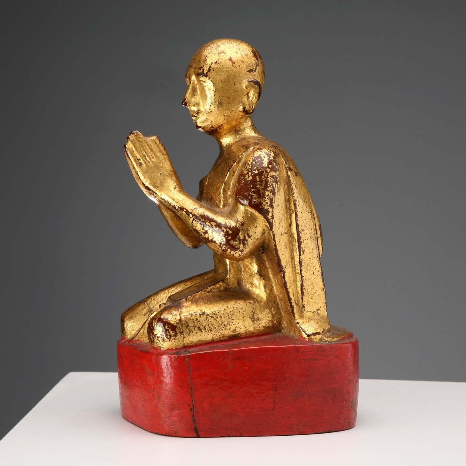 Antique Worshipper Carved Gilded Wood Myanmar XIX XX Century photo Art