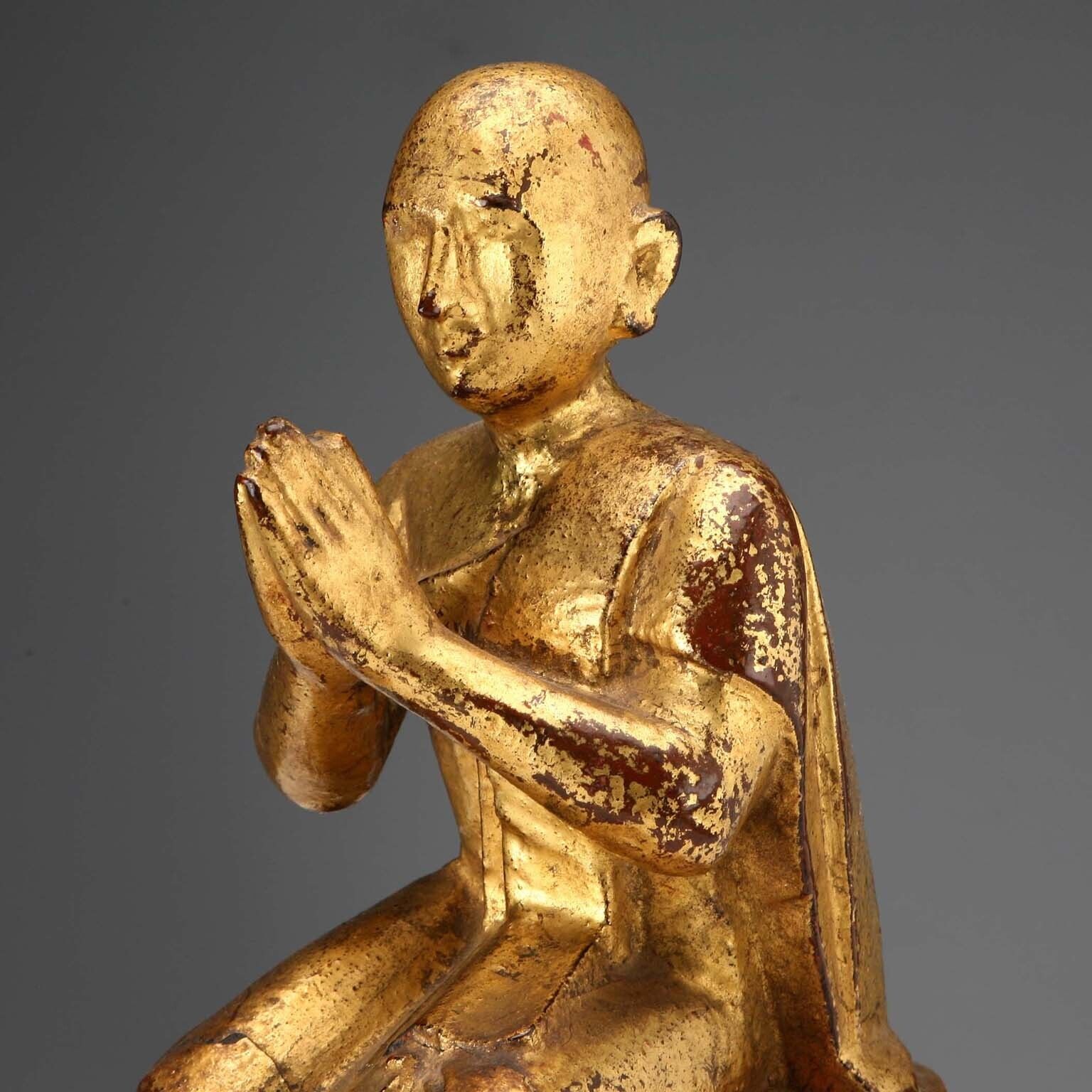 Antique Worshipper Carved Gilded Wood Myanmar XIX XX Century photo vinterior