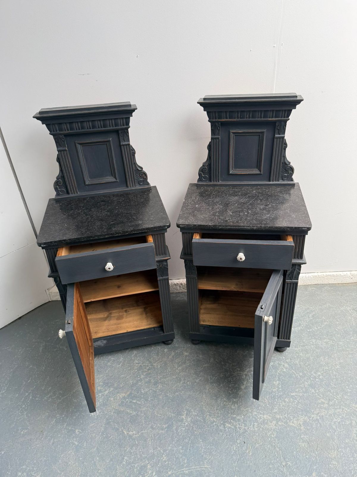 A Lovely Pair Of Original Hungarian Antique Oak & Pine Marble Bedside Cabinets photo vintage