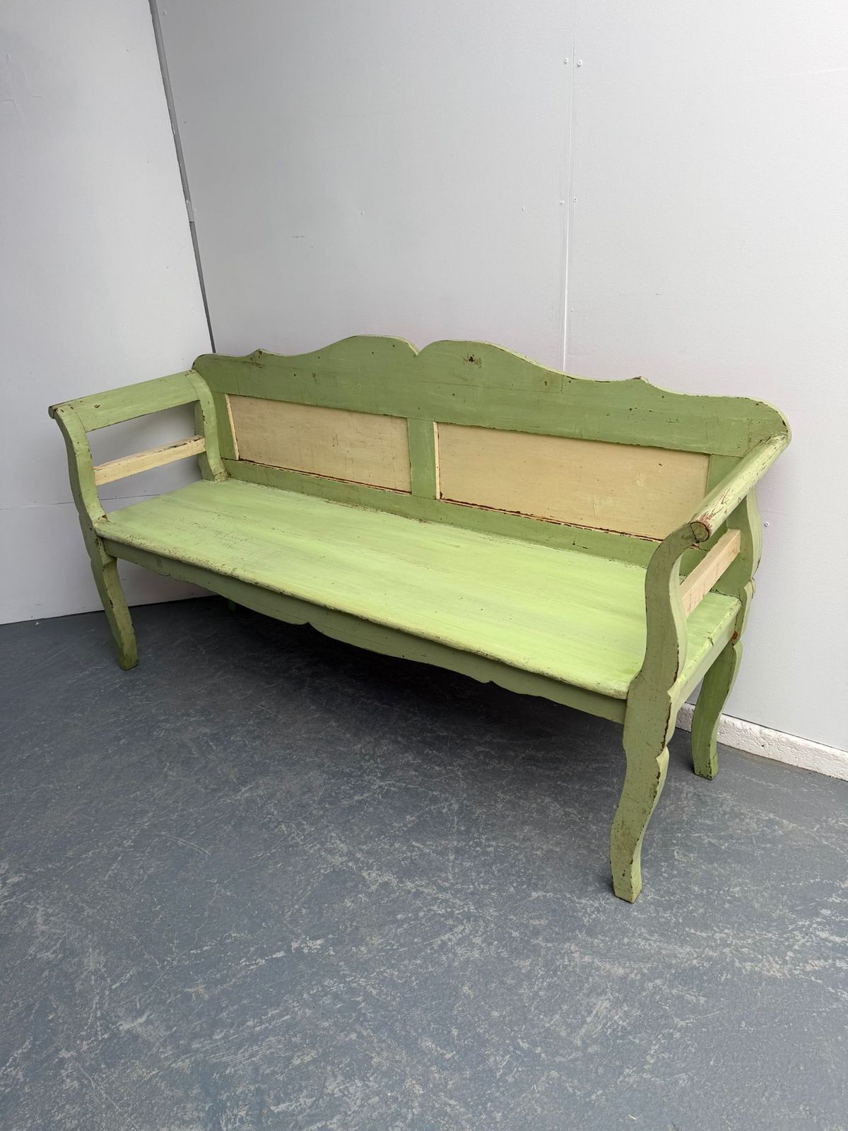 Genuine Victorian Pine Hungarian 3 Seater Painted Cream & Green Box Settle