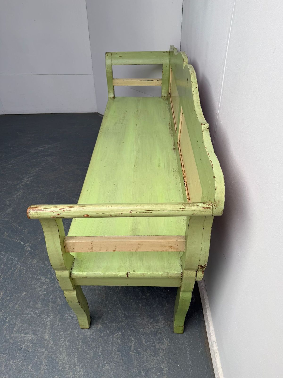 Genuine Victorian Pine Hungarian 3 Seater Painted Cream & Green Box Settle photo vintage