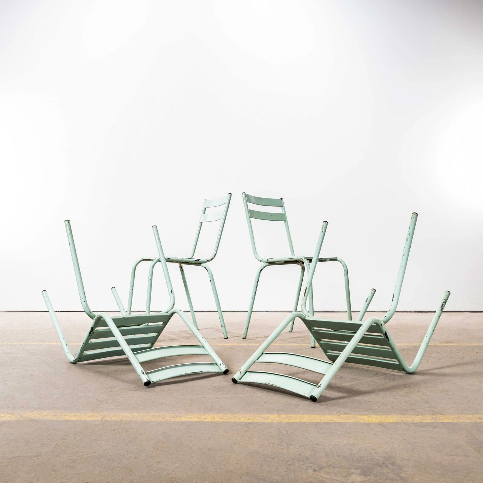 1950’s French Artprog Light Green Metal Stacking Outdoor Chairs photo for sale