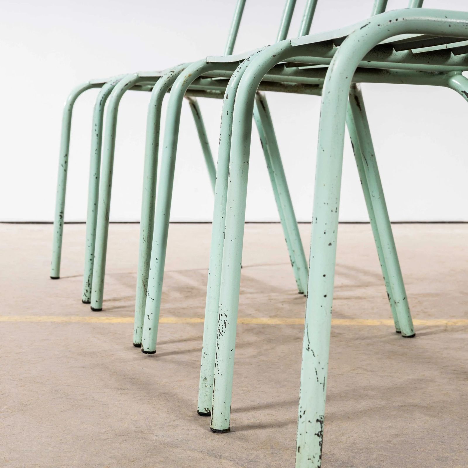 1950’s French Artprog Light Green Metal Stacking Outdoor Chairs photo vintage