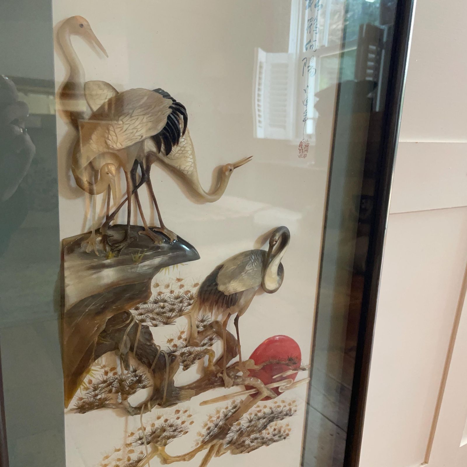 Oriental 3d Picture Shell Relief Framed Landscape Vintage Chinese Cranes Birds Carved Art Glass Front Wooden Frame photo for sale