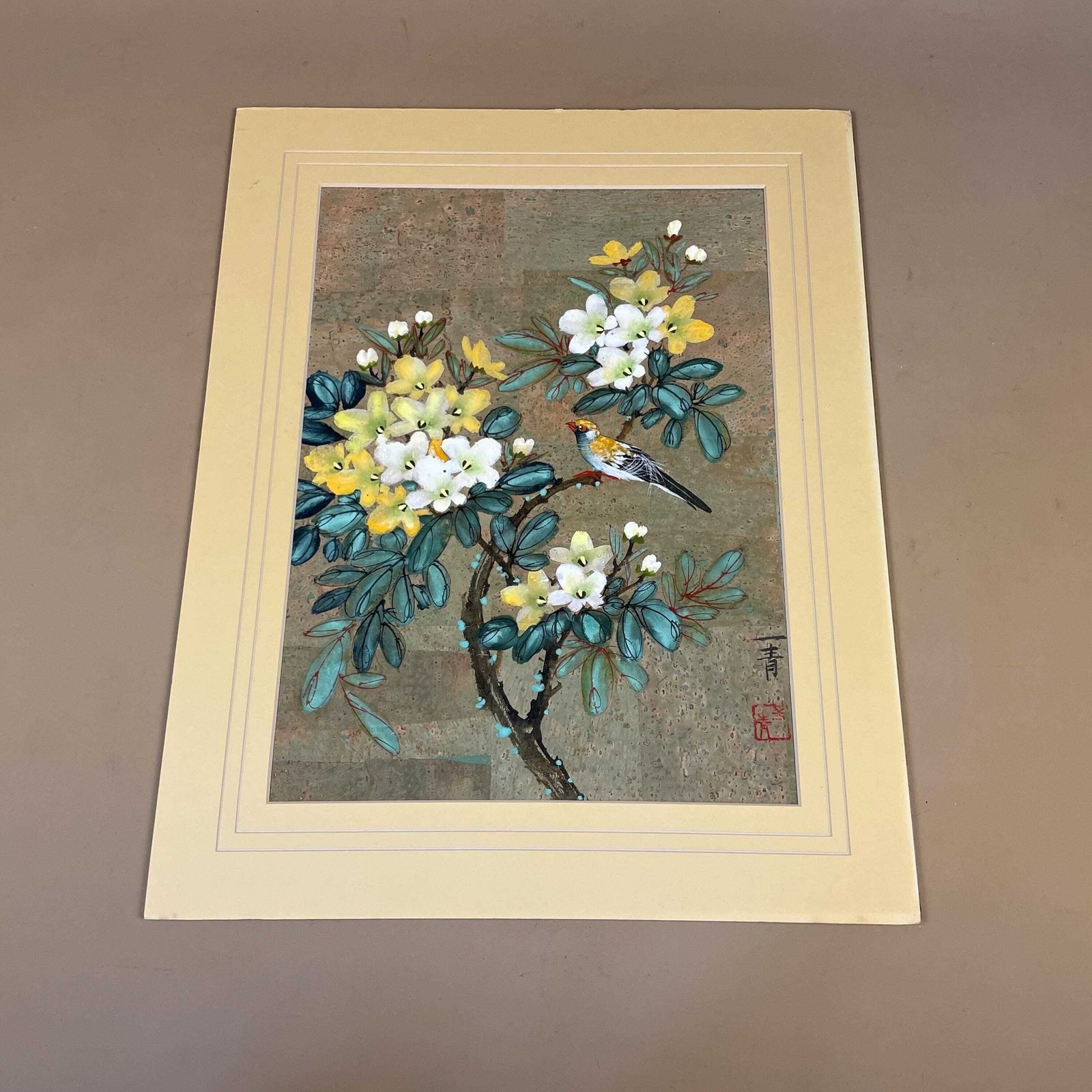Hand Painted Cork Art Oriental Birds Flowers Unframed Chinese Panel Picture Bird Botanical Style Asian Mount photo furniture