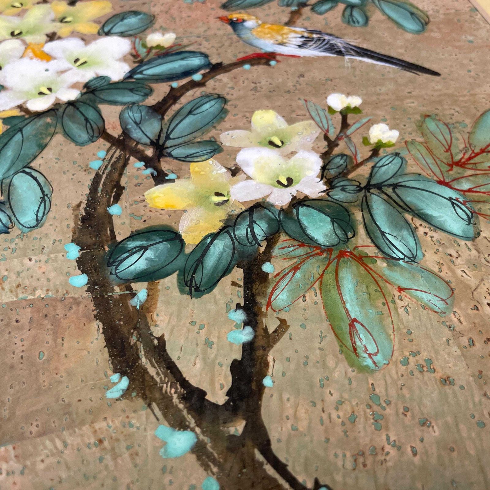 Hand Painted Cork Art Oriental Birds Flowers Unframed Chinese Panel Picture Bird Botanical Style Asian Mount photo 89.0