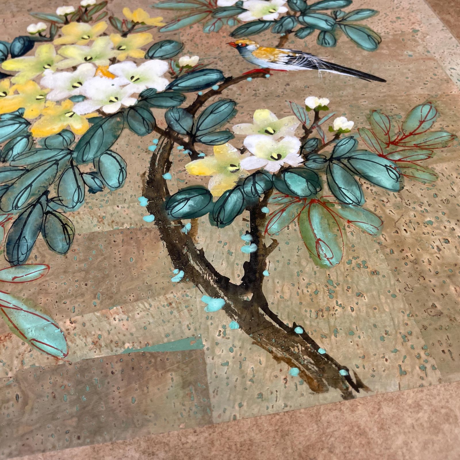photo furniture Hand Painted Cork Art Oriental Birds Flowers Unframed Chinese Panel Picture Bird Botanical Style Asian Mount