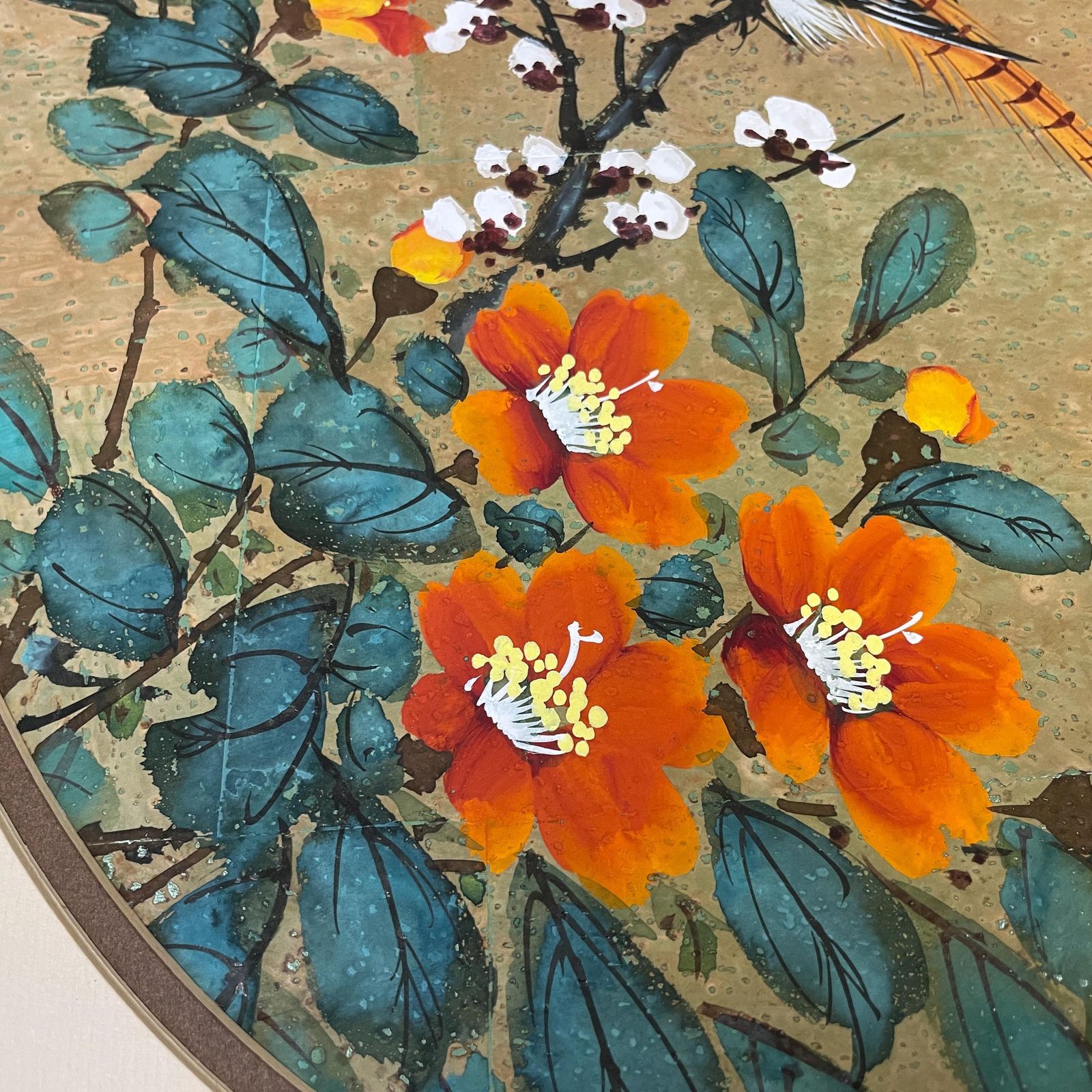 Hand Painted Cork Art Oriental Birds Flowers Oval Unframed Chinese Panel Picture Bird Botanical Style Asian Mount photo for sale