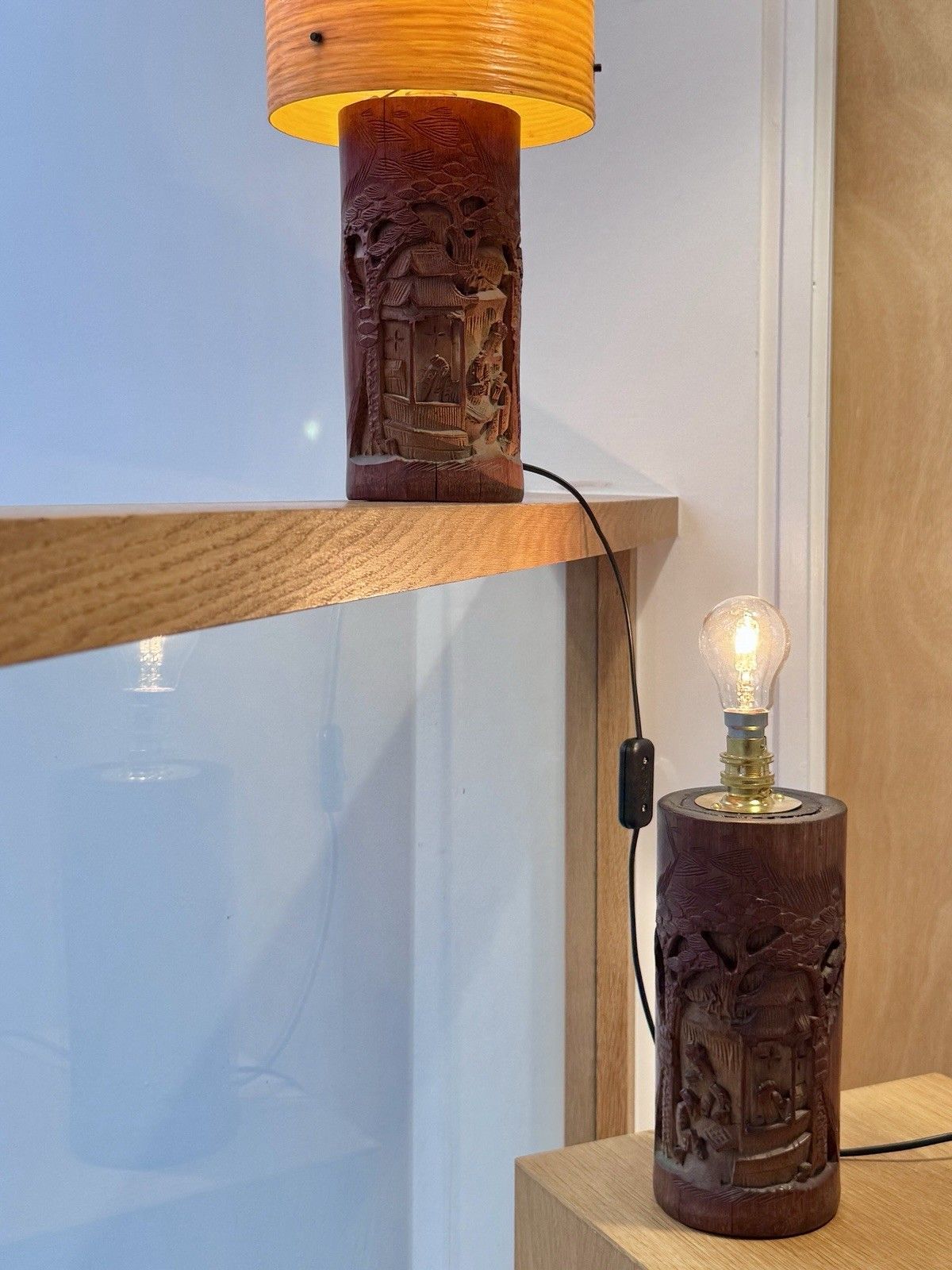 A Pair Of Antique Chinese Scholars Carved Bamboo Paint Brush Pot Lamps Rewired photo Lighting