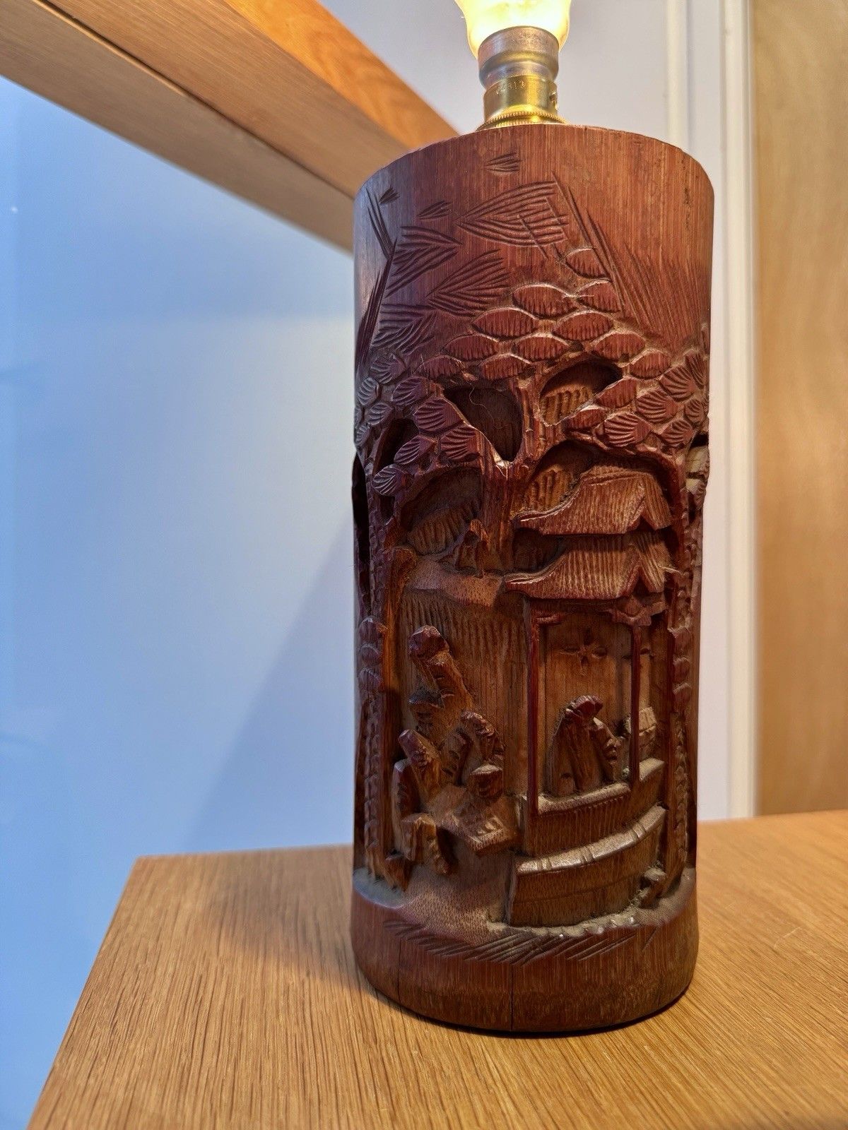 photo vinterior A Pair Of Antique Chinese Scholars Carved Bamboo Paint Brush Pot Lamps Rewired