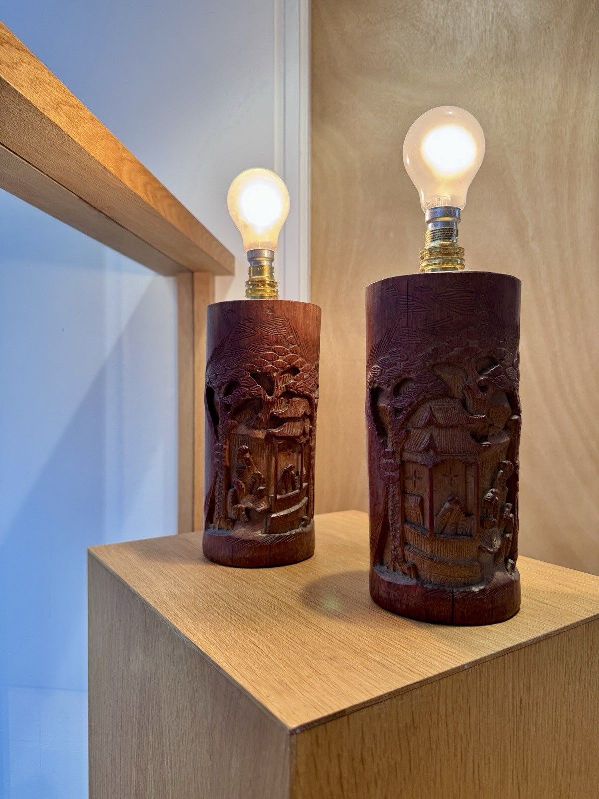 photo buy A Pair Of Antique Chinese Scholars Carved Bamboo Paint Brush Pot Lamps Rewired