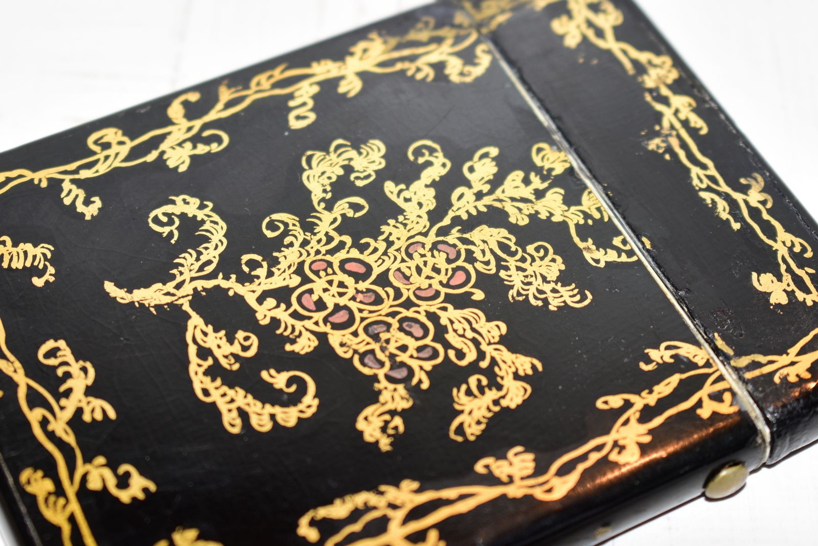 Mid Victorian Calling Card Case   Gorgeous Hand Painted Gold Scrolling & Abalone/Mother Of Pearl Floral Spray Inlay photo 158.0