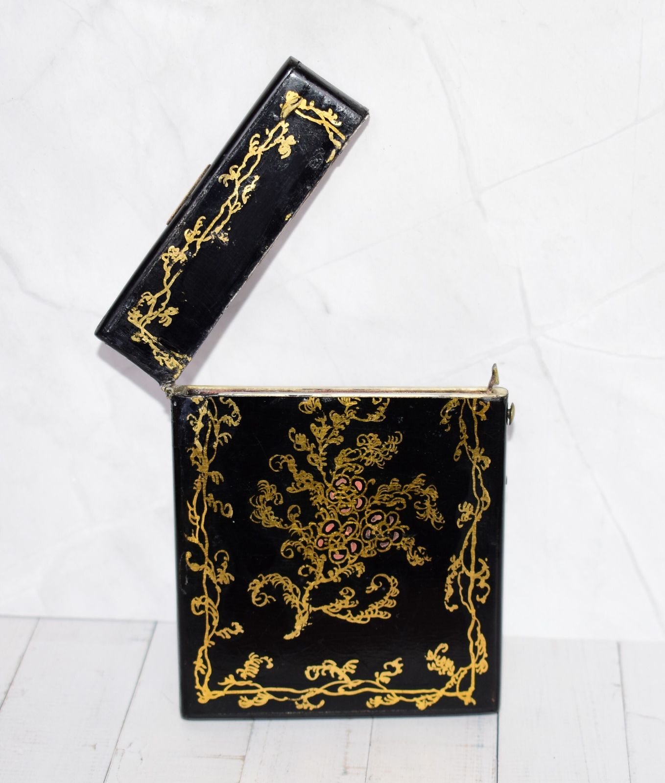 photo for sale Mid Victorian Calling Card Case   Gorgeous Hand Painted Gold Scrolling & Abalone/Mother Of Pearl Floral Spray Inlay